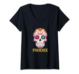 Womens Phoenix Day of the Dead Sugar Skull Design Desert Flowers V-Neck T-Shirt