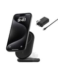 Belkin BoostCharge 2-in-1 magnetic foldable Qi2 charger 15W, MagSafe compatible wireless charger, fast charger for iPhone 16, 15, 14, 13, 12, charging station with non-slip base, PSU Included - Black