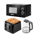 Geepas Electric Kettle 4 Slice Bread Toaster & Microwave Kitchen Set | 2200W 1.7L Illuminating Glass Kettle | 1400W Toaster with 6 Level Browning Control | 700W Solo Manual Dial Microwave 20L | Black