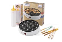 Bestron Poffertjesmaker Kit économique avec bouteille à pâte et 3 pinces de service, idéal pour Noël, Pâques ou anniversaires d'enfants, design rétro, 800 W, couleur : blanc/jaune