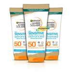 3x Garnier Ambre Solaire Sensitive Advanced SPF 50+ Skin Protection Lotion 175ml