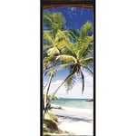 Sticker mural décoratif 204 cm X 83 cm, Paillote avec les palmiers, Bord de mer, Sable blanc, Île, pour porte, Décoration intérieure.