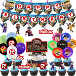 Roblox födelsedagsfesttillbehör, virtuella världsfestdekorationer set inklusive banderoll, ballonger, tårta/cupcake-dekorationer, hängande spiral, spelpartygåva