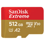 SanDisk Extreme microSD UHS I 512GB card for 4K video on smartphones, sports cameras and drones 190MB/s readout, 130MB/s write, SDSQXAV 512G GN6MN, red/gold