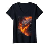 Womens Molten Fire Dragon Emerging from Fiery Lava Depths V-Neck T-Shirt