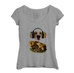 T-Shirt Femme Col Echancré Chien Casque Audio Collage Art Surréalisme Vintage Champignon