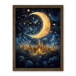 Artery8 Golden City in the Clouds Surreal Artwork Blue Gold Crescent Moon Starry Night Fairytale Artwork Framed Wall Art Print 18X24 Inch