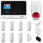 Systeme d'alarme Maison WiFi + GSM, HUXGO HXA003, + Sirène sans Fil, 7X détecteur de Mouvement, 1X capteur de Porte/fenêtre, TUYA