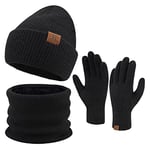 ZASFOU Femme Bonnet d’hiver Chapeaux Foulard Écran tactile Gants Set Bonnets tricot chaud cache cou pour homme,Noir