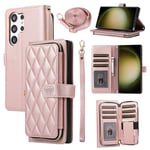 ELISORLI Wallet Case for Samsung Galaxy S23 Ultra 5G with Wrist Strap Shoulder Strap,9+ Card Slots Zipper Purse,Luxury PU Leather Stand Phone Cover for S23Ultra 23S S 23 23Ultra 6.8 inch Women Pink