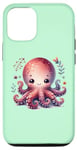 Coque pour iPhone 15 Pro Fond vert avec pieuvre souriante mignonne