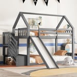 Lit superposé 90x200cm - lit cabane enfant avec escalier de rangement et toboggan, 1x sommier à lattes - gris