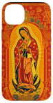 Coque pour iPhone 14 Plus Orange Paisley Vierge Marie Guadalupe minimaliste catholique