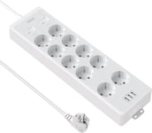 Multiprise Electrique 10 Prises Avec 2 Interrupteur Individuel (Contrôle 3 Ports Usb), Largement Espacées 2,5Cm Pour Adaptateurs Larges, Multiprise Parafoudre Et Surtension, Câble 1,5M-Blanc