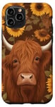 Coque pour iPhone 11 Pro Cuir de vache marron avec vaches des Highlands et tournesols