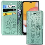 IMEIKONST Coque pour Samsung Galaxy A15 4G, Porte Carte Cuir PU Portefeuille Magnétique Antichoc Étui à Rabat Fonction Support Protection Mignonne Housse pour Samsung A15 4G. Green Cat Dog SD