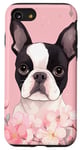 Coque pour iPhone SE (2020) / 7 / 8 Boston Terrier et fleurs de cerisier roses en rose