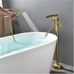 Robinet de Baignoire Ilot, Or Brossé Mitigeur Baignoire Ilot avec Douchette, Cascade Robinet de Baignoire sur Pied Rotation à 360° Moderne et Simple Laiton Robinet Mitigeur au Sol