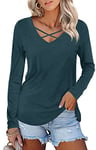 Pluslook Women's Fall Long Sleeve Tunic Tops For Leggings Criss Cross V-Neck T-Shirts Casual Blouse Sweatshirts L, Grayish Blue