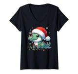 Womens Cute Baby Alligator in Santa Hat with Christmas Lights V-Neck T-Shirt