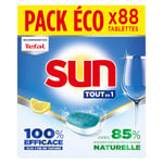 SUN - pastilles lave-vaisselle Tout en 1 Citron - 88 tablettes - avec 85% d'ingrédients d'origine naturelle - 100% efficace sur + de 99 taches - Fabriqué en France