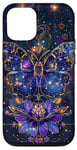 Coque pour iPhone 15 Pro Papillon bleu foncé Luna Moth Witchy Blue et fleurs violettes