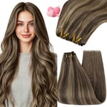 YoungSee Weft Hair Extension Brun Fonce avec Blond Highlight Extension de Cheveux Tissage Highlight 14 Pouces Tissage Cheveux Humain Highlight Tissage Cheveux Lisse Pour Cheveux Courts 100g