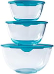 Pyrex - Set of 3 Resistant Glass Mixing/Salad Bowls with lids - 0.5L - 1L - 2L 