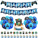 Jeu Vidéo - Décoration D'anniversaire - Noir Et Bleu - Jeu Vidéo - Ballons Avec Bannière, Décoration De Gâteau - Manette De Jeu - Ballons Pour Décoration D'anniversaire Garçon