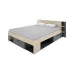 SAX Lit adulte - 160x200 cm - 3 tiroirs + Tete de lit avec rangement - Decor chene et anthracite - Marron