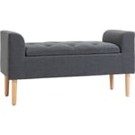 Banquette coffre de rangement 2 en 1 design Chesterfield assise capitonnée accoudoirs courbés pieds effilés bois d'hévéa aspect lin gris