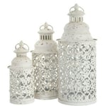 Set of 3 Aged White Metal Lanterns, Shabby Vintage Moorish Moroccan French Style