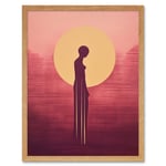 Sunrise Solitude Minimalist Artwork Plum Pink Gold African Woman Silhouette in Golden Sun Halo Art Print Framed Poster Wall Decor 12x16 inch