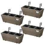 Gartenfreude Jardinières en résine tressée avec Support et Trois Compartiments en Plastique, Couleur Cappuccino, 4 pièces, 47 x 17 x 15 cm