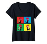 Womens Colorful Cool Chicken Art, Crazy Chicken Rooster Family V-Neck T-Shirt