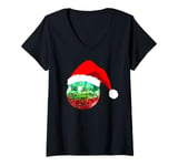 Womens Red and Green Santa Christmas Disco Ball V-Neck T-Shirt