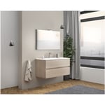 Meuble de salle de bain suspendu 100 cm en bois de chêne fumé avec vasque et miroir - Empoli - Avec colonne miroir et lampe led