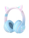 Bluetooth Kids Headphones,Cat Ear LED Light Up Kids Wireless Headphones,Bluetooth 5.1&Stereo Sound,Foldable,Adjustable Headband,Children Headphones with Microphone Over Ear for School/Tablet (Blue)