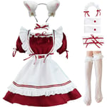 ANEK Maid Outfit Anime Cosplay Lolita Maid Dress Fransk Piga Kostym Plysch kattöron Strumpor set Röd Liten