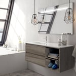 Meuble de salle de bain vasque déportée 2 tiroirs Britannia (chêne foncé) - OLYMPE et miroir Led STAM - 120cm