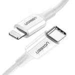 Ugreen MFI USB-C til Lightning-kabel, PD, 20W, 3A, 480mbps, 0,5 m - Hvit