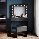 Sonni - Coiffeuse, coiffeuse, avec miroir, 1 tiroir, 1 tabouret, 12 ampoules LED,luminosité réglable, moderne,Noir