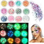 12 Pièces Paillettes Fluorescentes Visage Corps Holographique Paillettes Fluo...