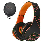 PowerLocus Casque Bluetooth, Casque Audio stéréo Pliable sans Fil et Filaire avec Micro intégré, Micro SD/TF, FM pour iPhone/Wiko/Samsung/iPad/PC (Noir/Orange)