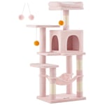 Feandrea Arbre à Chat Hauteur 112 cm, Tour de Jeux pour Chats, avec 4 Poteaux à Griffer, 2 Plateformes, 1 Niche, 1 Hamac, 2 Pompons, en Tissu