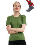 Merino.tech T Shirt Merinos Femme - Laine Merinos Chemise Femme + Chaussettes de randonnée en Laine mérinos (Green Olive Crewneck, X-Large)