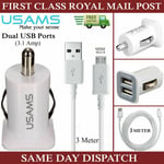 Dual Usb 3.1a Car Charger Plug & 3m Cable For Motorola Moto G4 G5 G5s Plus Play