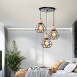 Axhup - 3 Lumières Lustre Suspension Industriel Abat-jour en Forme Diamant Lampe de Plafond Design en Métal et Bois pour Salon Cuisine Chambre Noir
