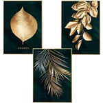 Litzee - Lot de 3 affiches murales design avec motifs forêt, feuille dorées, palme, sans cadre, décoration murale pour le salon