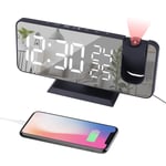 EVILTO Digital Alarm Clock Projector Radio Clock LED Temperature Display Radio Projection Clock USB Charging Port 180° Rotable Projection Time-Black